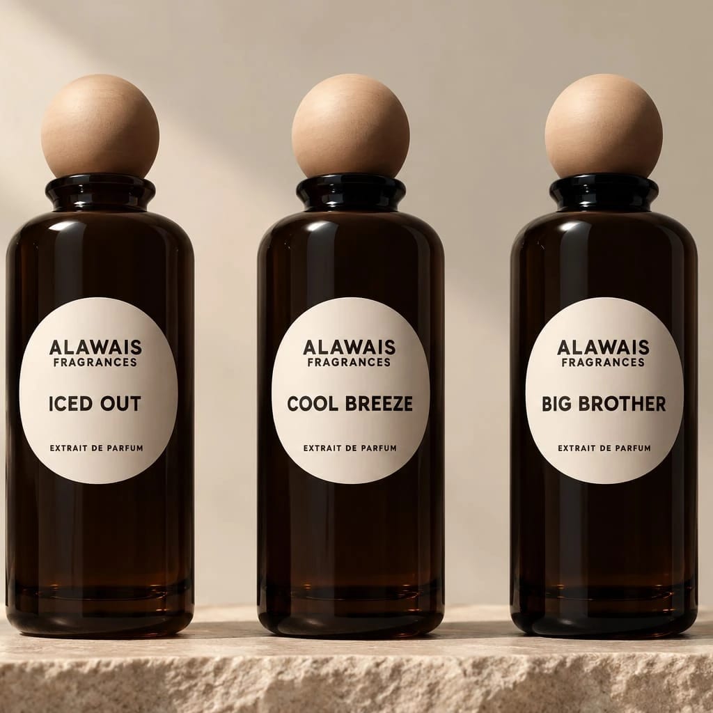 Alawais Iced Out, Cool Breeze and Big Brother extrait de parfum bottles